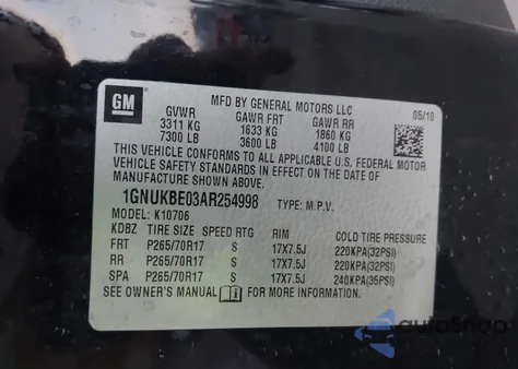 2010 Chevrolet Tahoe Lt z USA, uszkodzony, nr VIN 1GNUKBE03AR254998